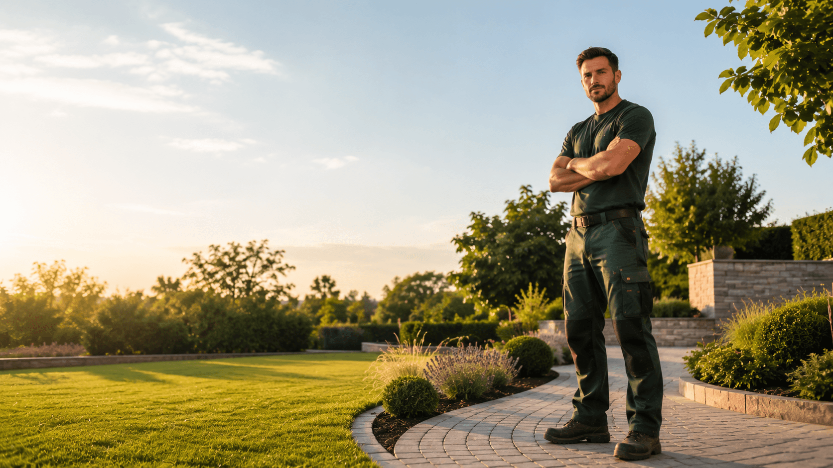 Landschaftsgärtner mit verschränkten Armen in einem gepflegten Garten bei Sonnenuntergang